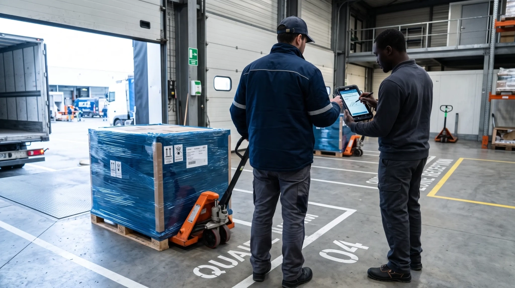 Remise de colis en livraison documentée B2B avec signature sur terminal de tournée