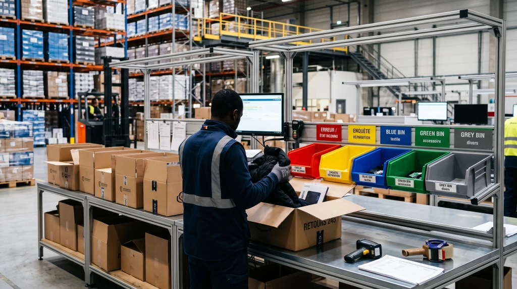 Poste de tri où sont contrôlés des articles retournés en vue de leur revalorisation