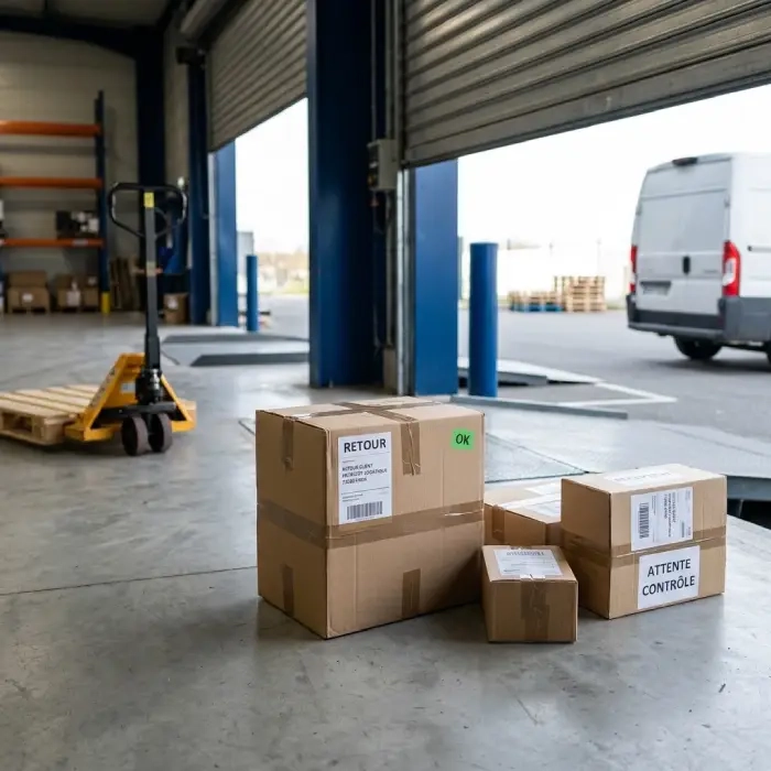 Colis de retour e-commerce pris en charge sur un quai de logistique inverse