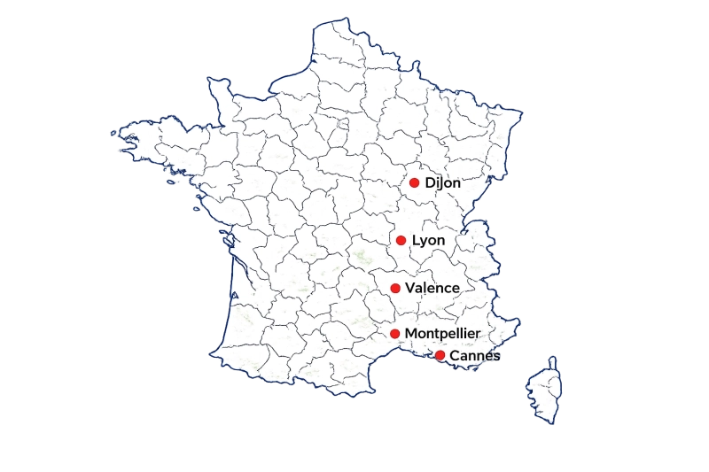 <span>Un réseau national : </span><br>5 agences en France (Lyon, Dijon, Valence, Montpellier, Cannes)