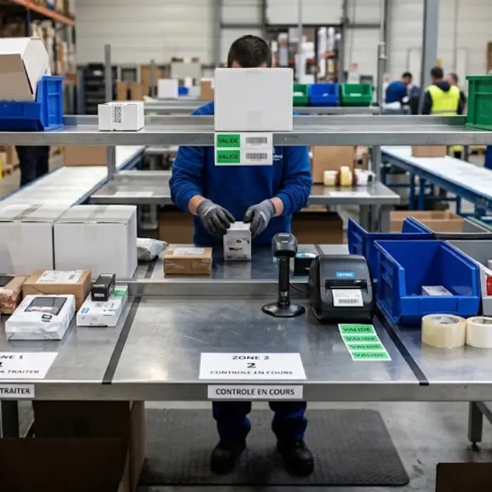 Tri des retours e-commerce sur une table de contrôle en entrepôt